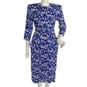 Karin Stevens VINTAGE Midi Dress, S, Blue Floral, Half Elastic waist, 3/4 sleeve